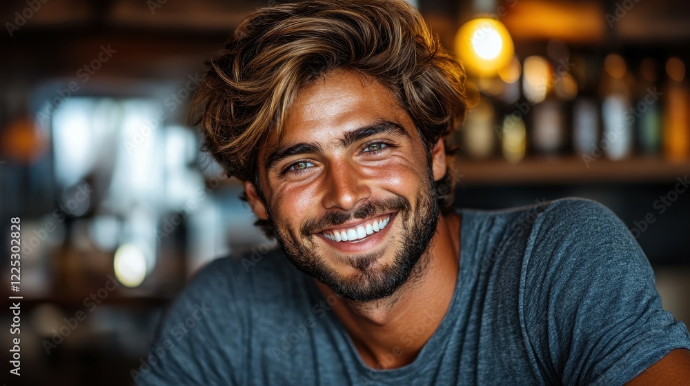 A cheerful young man with tousled hair enjoys a moment at a bar in a warm cafe setting, illuminated by soft lamp light. His genuine smile creates a welcoming atmosphere A cheerful young man with tousled hair enjoys a moment at a bar in a warm cafe setting, illuminated by soft lamp light. His genuine smile creates a welcoming atmosphere