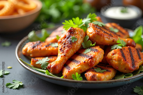 Grilled chicken boti pieces garnished with fresh coriander on a dark plate, vibrant food photography for culinary delight. Pakistani cuisine photo