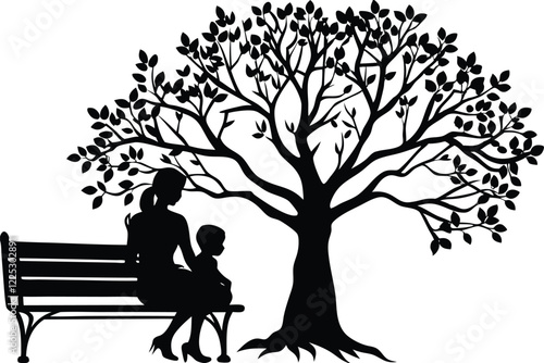 Silhouette Mother Son Sitting on a Park Bench