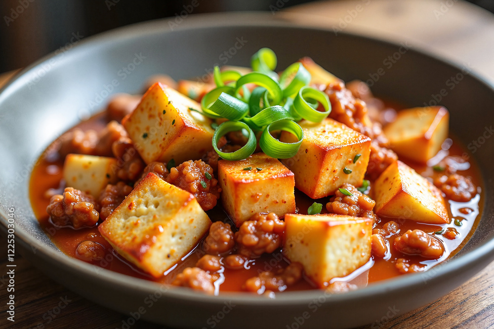 Mapo tofu with silky tofu cubes in spicy chili bean sauce garnished with spring onions in a modern kitchen setting, culinary artistry concept. Chinese cuisine Mapo tofu with silky tofu cubes in spicy chili bean sauce garnished with spring onions in a modern kitchen setting, culinary artistry concept. Chinese cuisine
