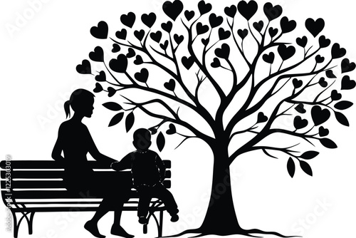 Silhouette Mother Son Sitting on a Park Bench