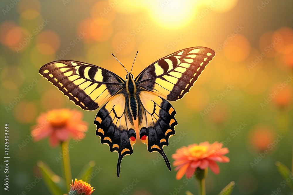 Naklejka premium Beautiful swallowtail butterfly spreading its wings against a soft cottage garden background, showcasing freedom and nature's elegance.