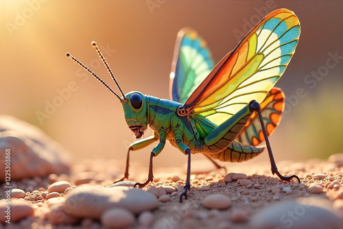 Wallpaper Mural Beautiful painted grasshopper opening its wings to take flight against a rocky desert background, vibrant macro photography concept. Torontodigital.ca