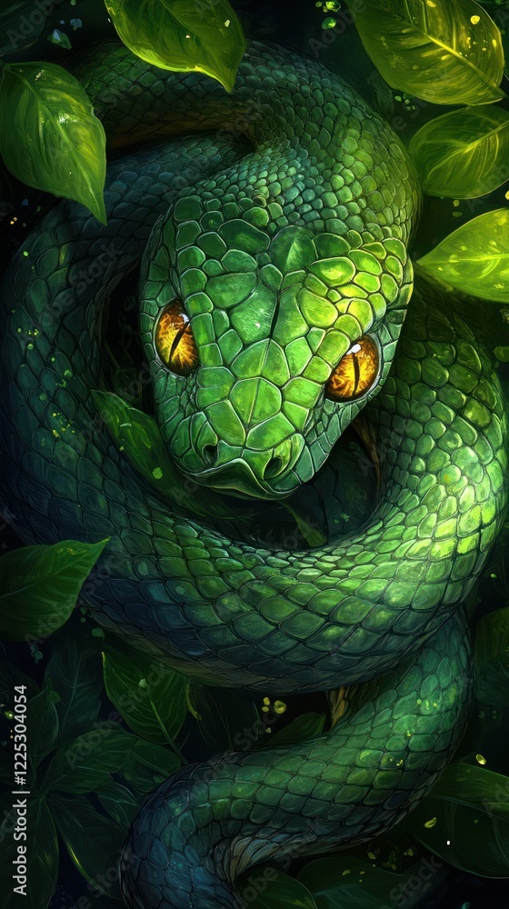 Fototapeta premium A Vibrant Green Snake, Coiled Amidst Lush Foliage, Stares Intensely. The Image'S Dark Background And Vivid Colors Create A Mysterious, Captivating Atmosphere.