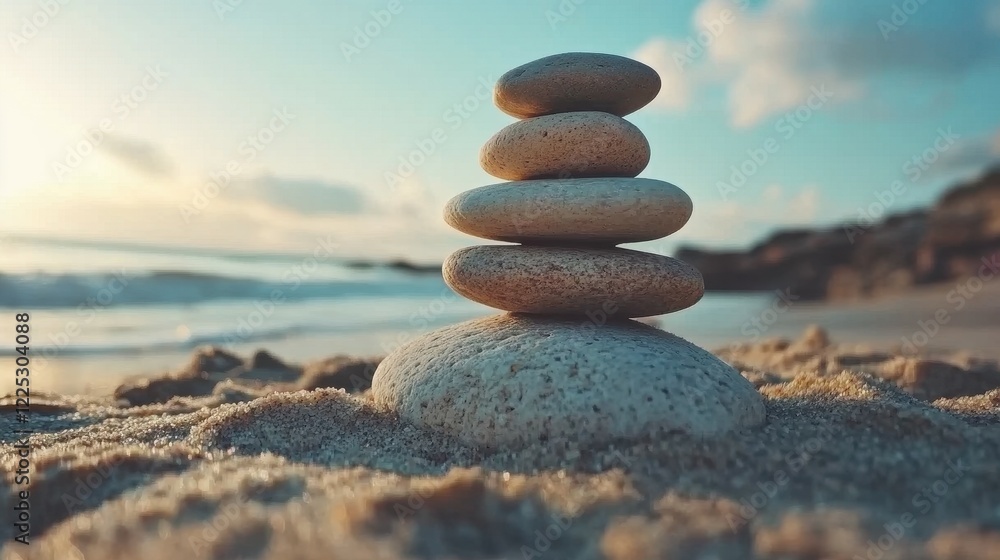 Fototapeta premium Smooth stones are carefully arranged in a stack on sandy beach. The sun sets over gentle waves, creating a tranquil ambiance perfect for contemplation