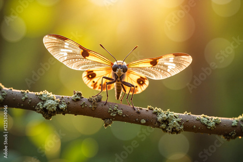 Macro photography of a colorful scorpionfly with patterned wings perched on a lichen-covered branch in warm afternoon light, showcasing nature's beauty. photo