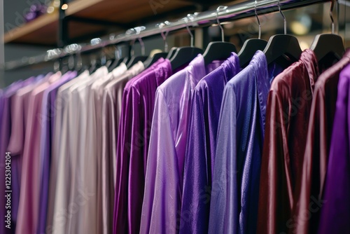 Colorful collection of elegant garments hanging on rack in modern boutique showcasing various fabric textures and styles photo