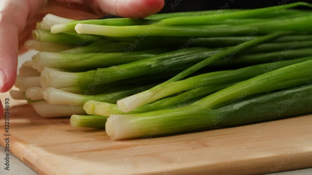 Cutting fresh green onions on a cutting board, close up chef cooking green vegan salad. Cutting fresh green onions on a cutting board, close up chef cooking green vegan salad.