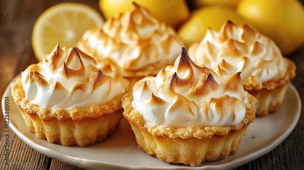 Lemon meringue tarts on plate, wooden background. Food photography for recipe blogs Lemon meringue tarts on plate, wooden background. Food photography for recipe blogs