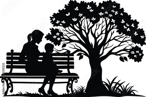 Mother Son Sitting on a Bench black Silhouette