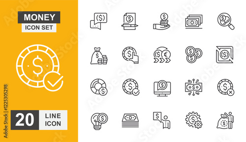 Money icon set. Paying, coin, credit card, finance, currency and more line icon.