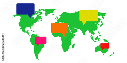Vector illustration of world map with speech bubbles on transparent background