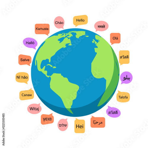 Vector illustration of globe with speech bubbles on transparent background