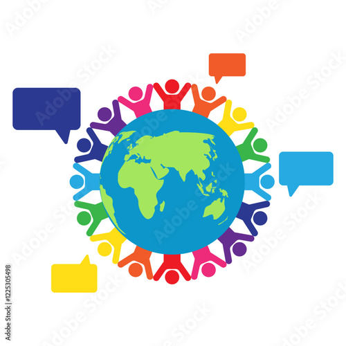 Vector illustration of globe with people and speech bubbles on transparent background