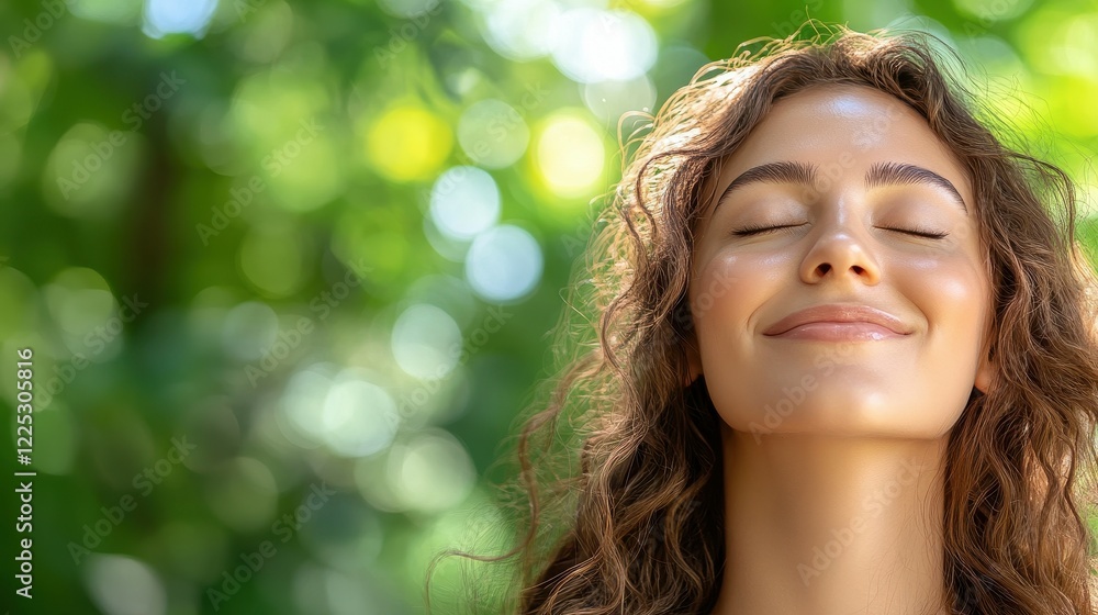 Fototapeta premium Woman closes her eyes and smiles gently while surrounded by vibrant greenery, soaking in a tranquil moment of peace in nature during daylight hours