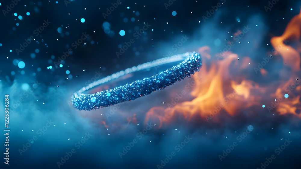 An ethereal blue ring floats in a captivating blend of fire and smoke, creating a striking visual effect. An ethereal blue ring floats in a captivating blend of fire and smoke, creating a striking visual effect.