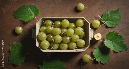 Fresh gooseberry fruits on dark background. Top view photo