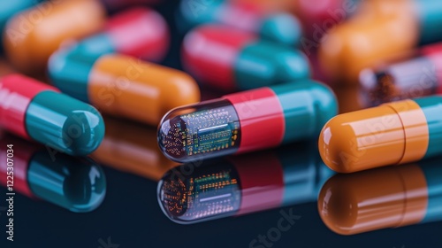 Close-up of high-tech capsules containing microchips, symbolizing the future of medicine, nanotechnology, and smart pharmaceuticals