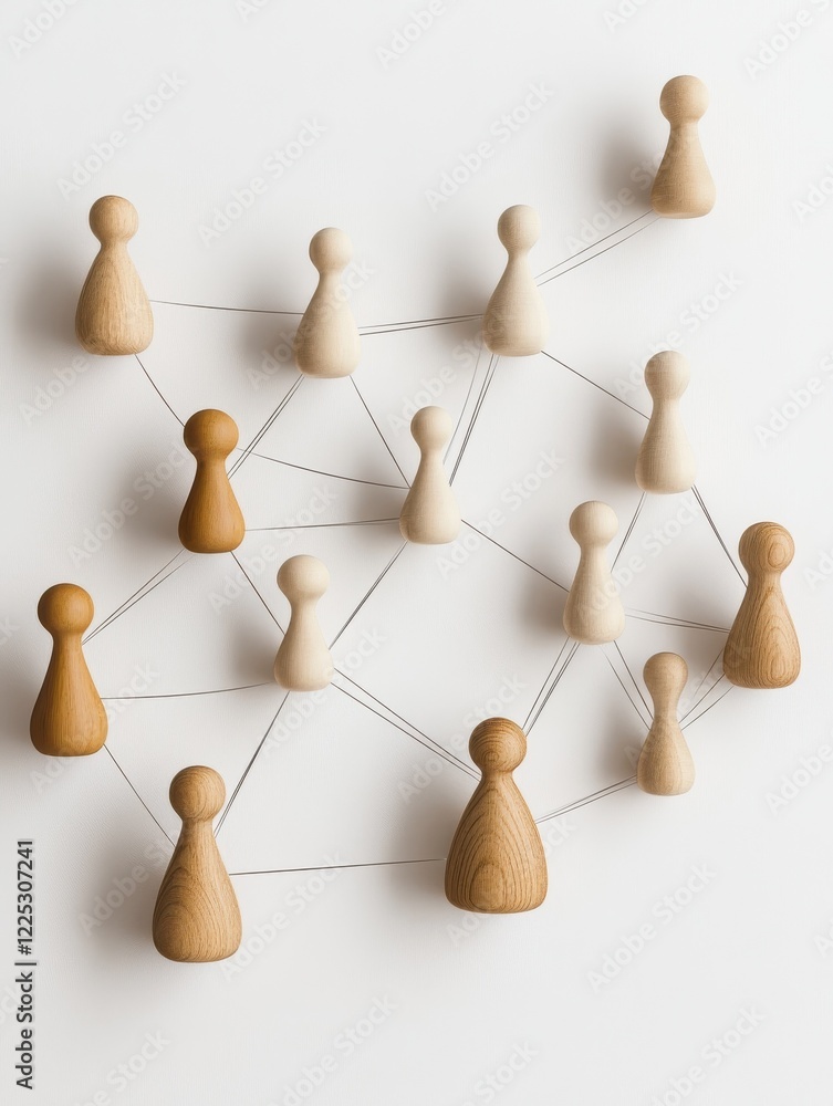 Obraz premium Network concept with wooden figures connected on a white surface symbolizing human resources strategy and management