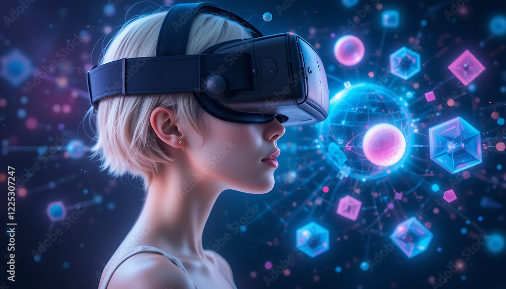 Metaverse Technology concepts. Teenager play VR virtual reality goggle and experiences of metaverse virtual world on colorful background. Visualization and simulation, 3D, AR, VR, Innovation Metaverse Technology concepts. Teenager play VR virtual reality goggle and experiences of metaverse virtual world on colorful background. Visualization and simulation, 3D, AR, VR, Innovation