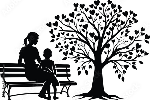 Silhouette Mother Son Sitting on Park Bench under a love tree