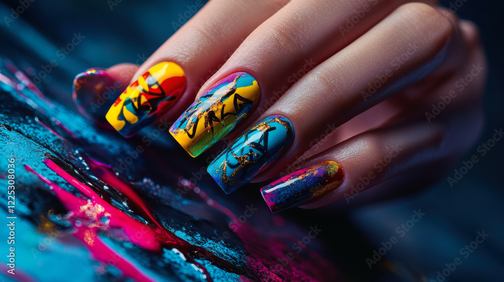 Naklejka premium Graffiti-inspired nails with bright hues and edgy lettering on a bold female hand, for an urban vibe