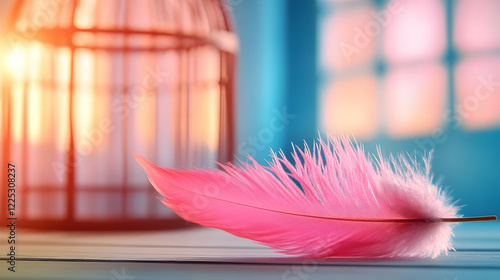 A vibrant pink feather rests gently on a surface near a vintage birdcage, capturing a whimsical moment. photo