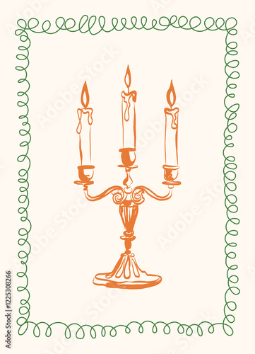 Vintage candlestick. Antique candelabra in old retro style. Ancient candle holders, fire light decoration. Candleholder design. Vintage postcard, opening, card