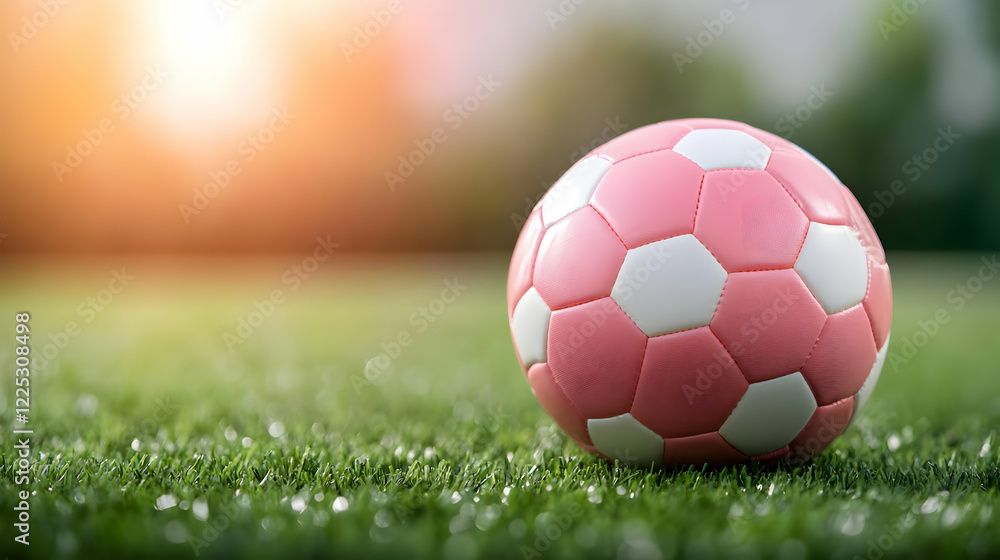 Fototapeta premium A vibrant pink soccer ball on lush green grass, perfect for playful games and outdoor activities.