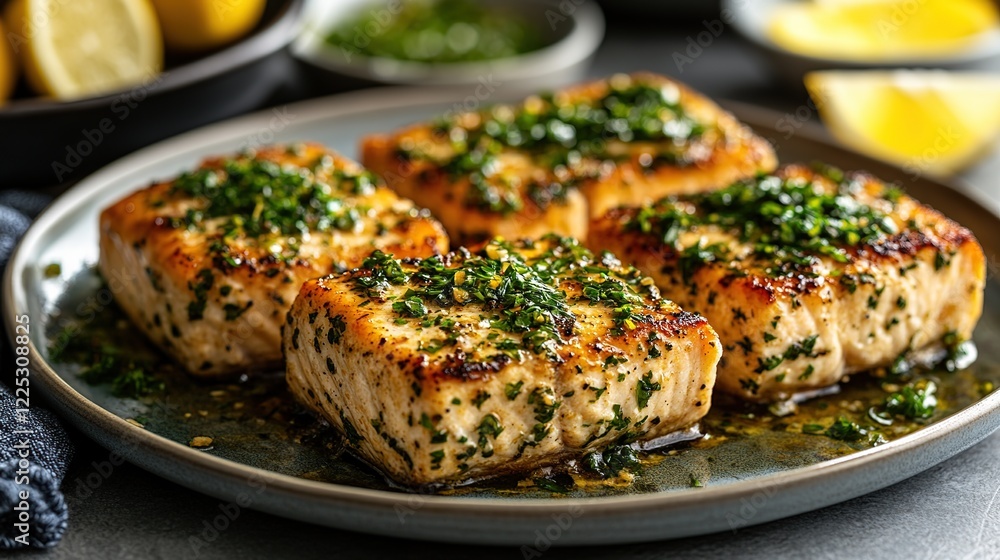 Pan-seared salmon with lemon-herb sauce, plated elegantly, ready to serve Pan-seared salmon with lemon-herb sauce, plated elegantly, ready to serve