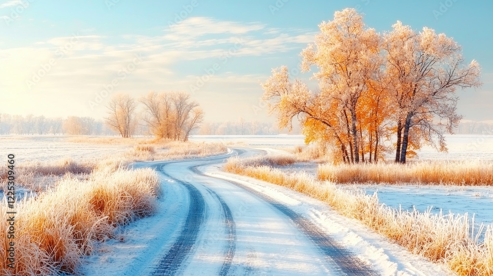 Winter road winding through frosty field, sunrise Winter road winding through frosty field, sunrise