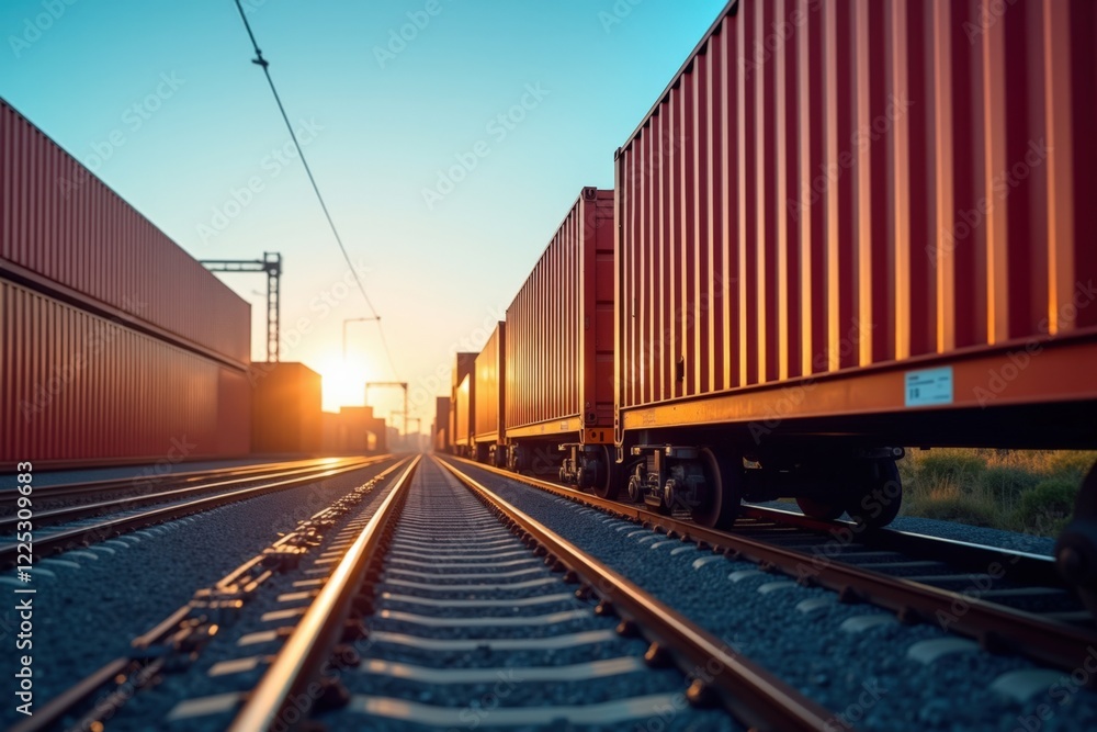 A Serene Sunset Over a Cargo Train Yard: An Exploration of Freight Containers and Railway Tracks at Dusk A Serene Sunset Over a Cargo Train Yard: An Exploration of Freight Containers and Railway Tracks at Dusk