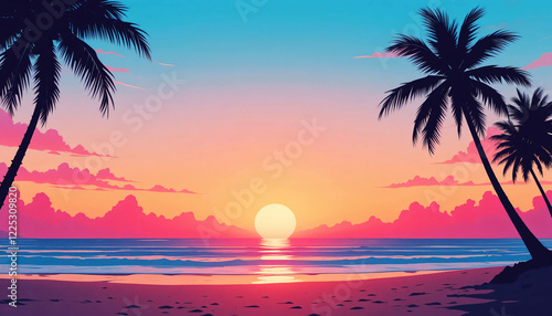 Tropical Sunset with Silhouetted Palms and Ocean Waves
