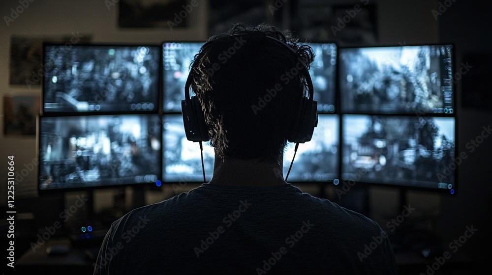 A player focuses intently on multiple monitors displaying vibrant game graphics while wearing headphones in a cozy gaming space at night A player focuses intently on multiple monitors displaying vibrant game graphics while wearing headphones in a cozy gaming space at night