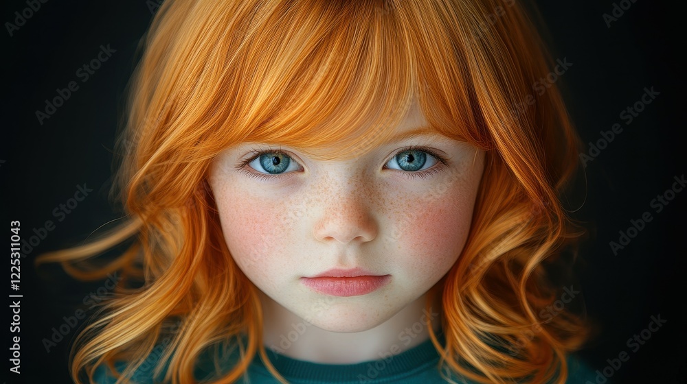 A young child stands confidently with curly red hair and captivating blue eyes. Soft lighting enhances unique features, creating a warm atmosphere indoors A young child stands confidently with curly red hair and captivating blue eyes. Soft lighting enhances unique features, creating a warm atmosphere indoors