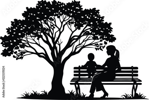 Mother Son Sitting on Park Bench Silhouette black Clipart