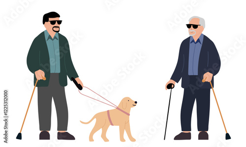 Blind old man and other one with his dog guide walking outside