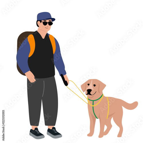 Blind old man with his dog guide walking outside