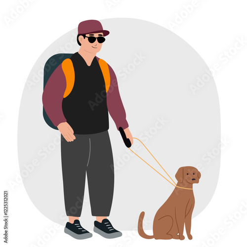 Blind old man with his dog guide walking outside
