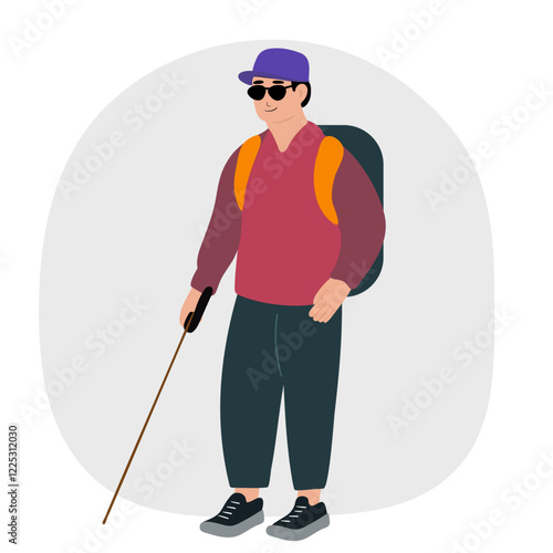 Blind boy man with his stick guide walking outside