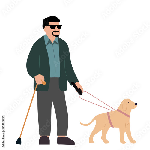 Blind man with his dog guide walking outside