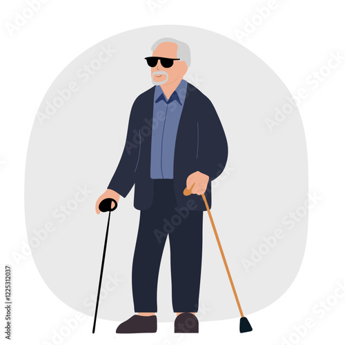 Blind old man with his stick guide walking outside