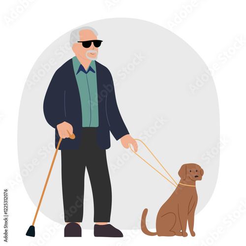 Blind old man with his dog guide walking outside