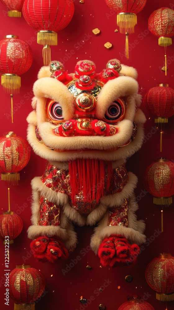 Fototapeta premium A Fluffy Lion Dance Costume Hangs Amidst Vibrant Red Chinese Lanterns, Celebrating Lunar New Year. The Image Is Rich With Texture And Festive Spirit.