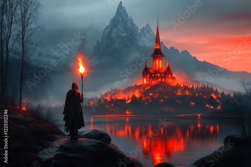 A dramatic illustration of a lone figure standing at the edge of a burning village, holding a torch with an expression of regret, symbolizing destructive consequences photo