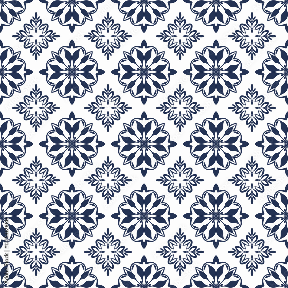 Dark Blue and White Ornamental Tile Pattern with Decorative Borders Dark Blue and White Ornamental Tile Pattern with Decorative Borders