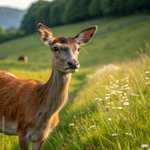 young red deer looking to the camera on grass in s photo