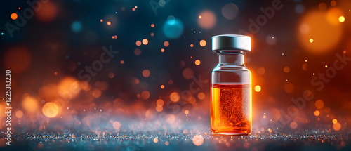 Close-up of a glass vial with orange liquid, surrounded by colorful bokeh lights, showcasing the essence of innovation. photo