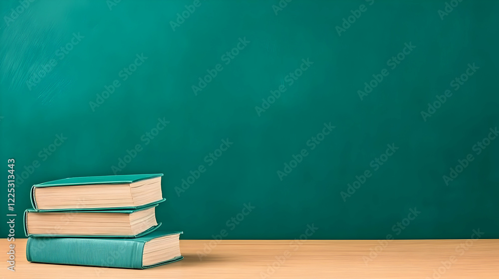Teal Books Stack Illustration, Green Board Background Teal Books Stack Illustration, Green Board Background