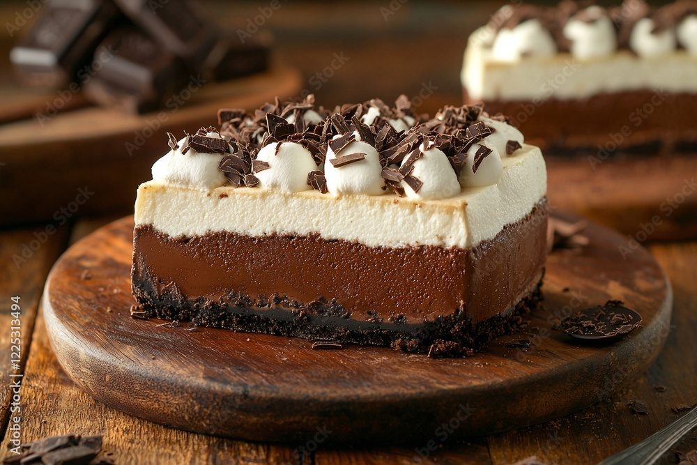 Delicious layered chocolate dessert with cream topping on a wooden table, surrounded by chocolate pieces Delicious layered chocolate dessert with cream topping on a wooden table, surrounded by chocolate pieces